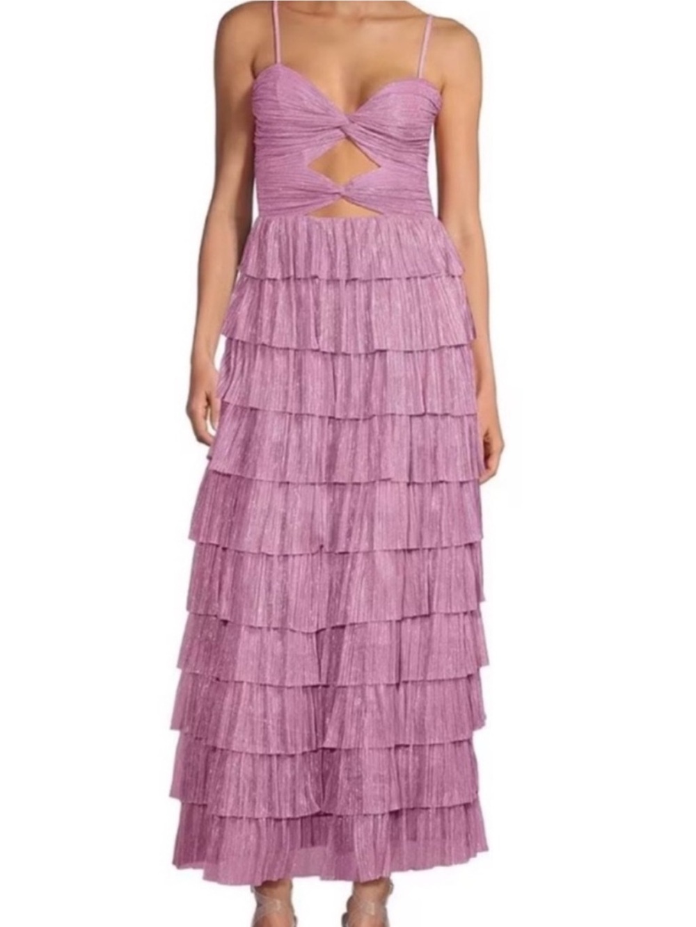 Gianni Bini Grace Metallic Plisse Sweetheart Neck Cut-Out Tiered Dress Ballet